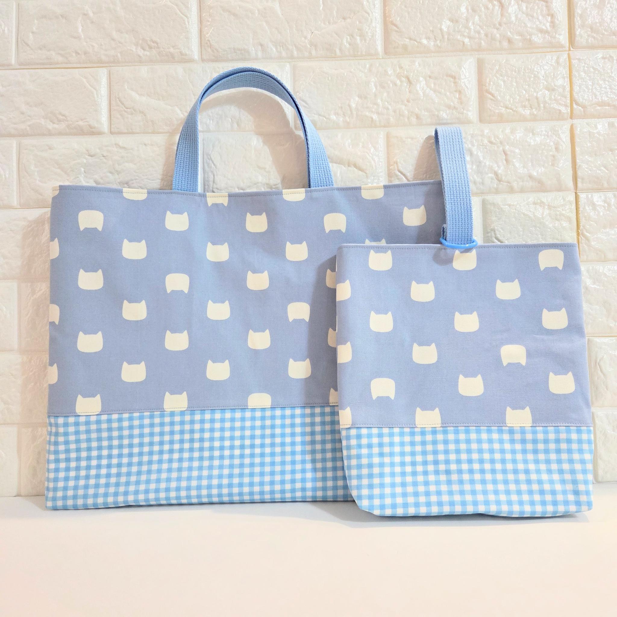 🐱 ネコ耳と大人可愛いギンガムチェック | くすみブルーの入園入学2点セット